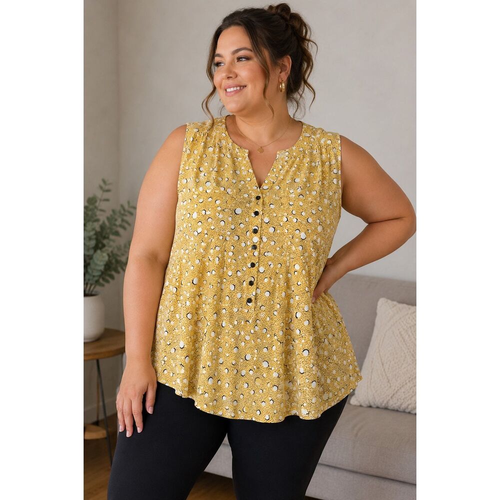 Ava & Grace Mustard Polka Dot Sleeveless Blouse Plus Size 1X Boho Top
